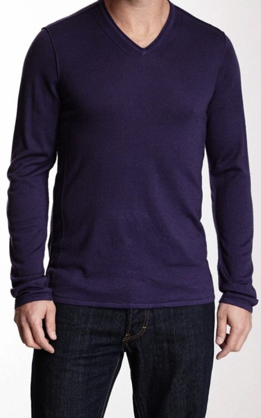 JOHN VARVATOS merino wool dark gray long sleeve pintuck lightweight sweater top